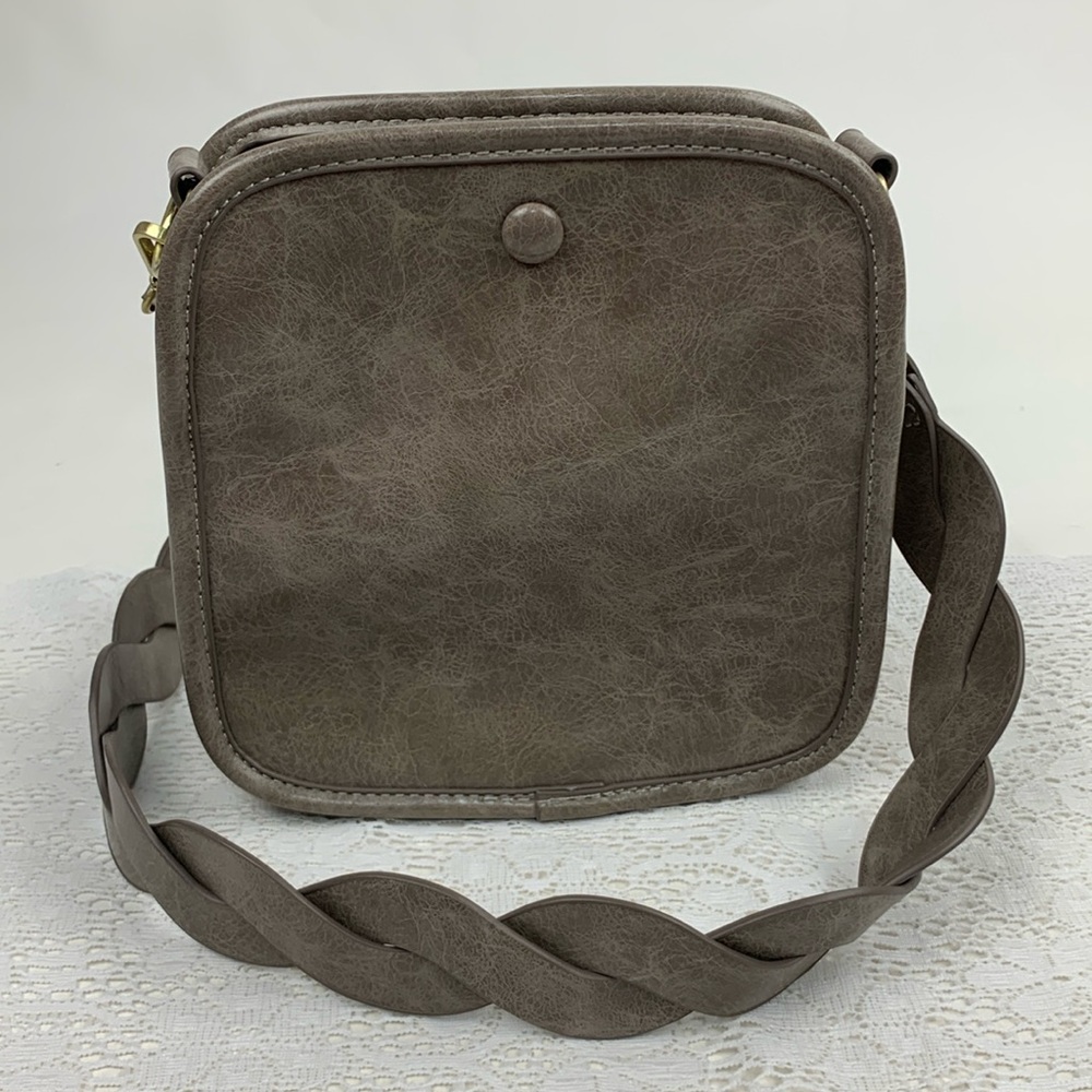 Anthropologie Braided strap crossbody bag Gray Taupe Snap close Pockets NEW NWOT